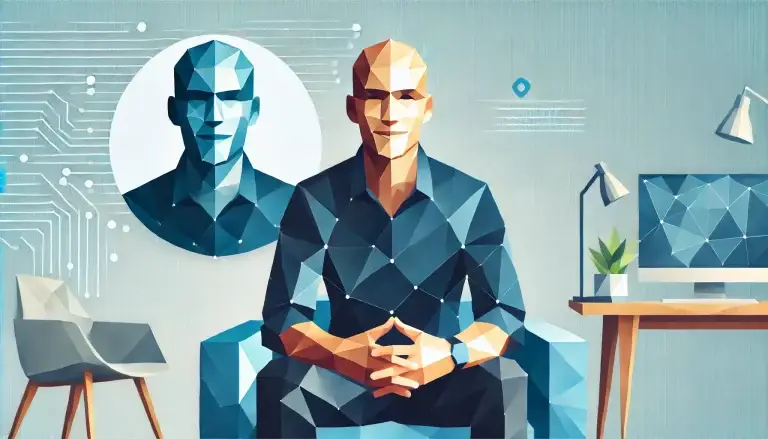 Low poly art of a tech CEO with a bald head and a dark blue shirt, seated casually and smiling, set against a light blue background that represents innovation and leadership in the tech industry.