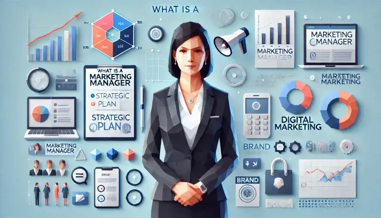 Low poly art image illustrating the concept of a Marketing Manager, featuring a single female professional in a business setting with elements like a strategic plan on a clipboard, digital marketing tools, branding elements, and a team discussion scenario, set against a light blue background.