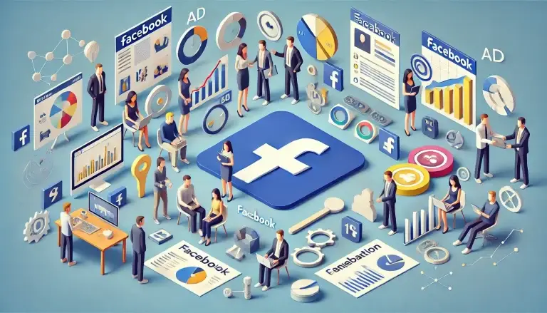 Low poly art image showing multiple professionals collaborating on the key responsibilities of a Facebook Advertising Manager, featuring elements like a Facebook logo, ad creatives, analytics charts, a budget planner, a target audience icon, and collaboration symbols, set against a light blue background.