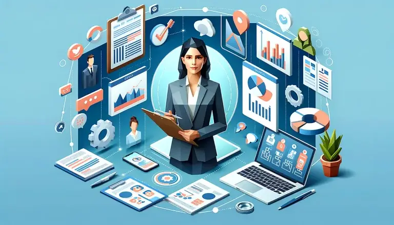 Low poly art image depicting the key responsibilities of a Marketing Manager, featuring a single female professional in a business setting with elements like a strategic plan on a clipboard, digital marketing tools, a team meeting, and branding elements, set against a light blue background.