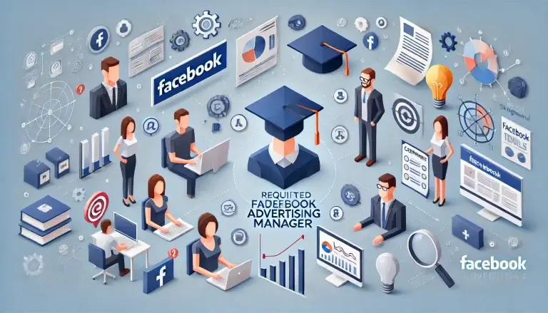 Low poly art image depicting the required skills and qualifications for a Facebook Advertising Manager, featuring multiple professionals working together, with elements like a graduation cap, certificate, chart, light bulb, computer, and people icons, set against a light blue background.