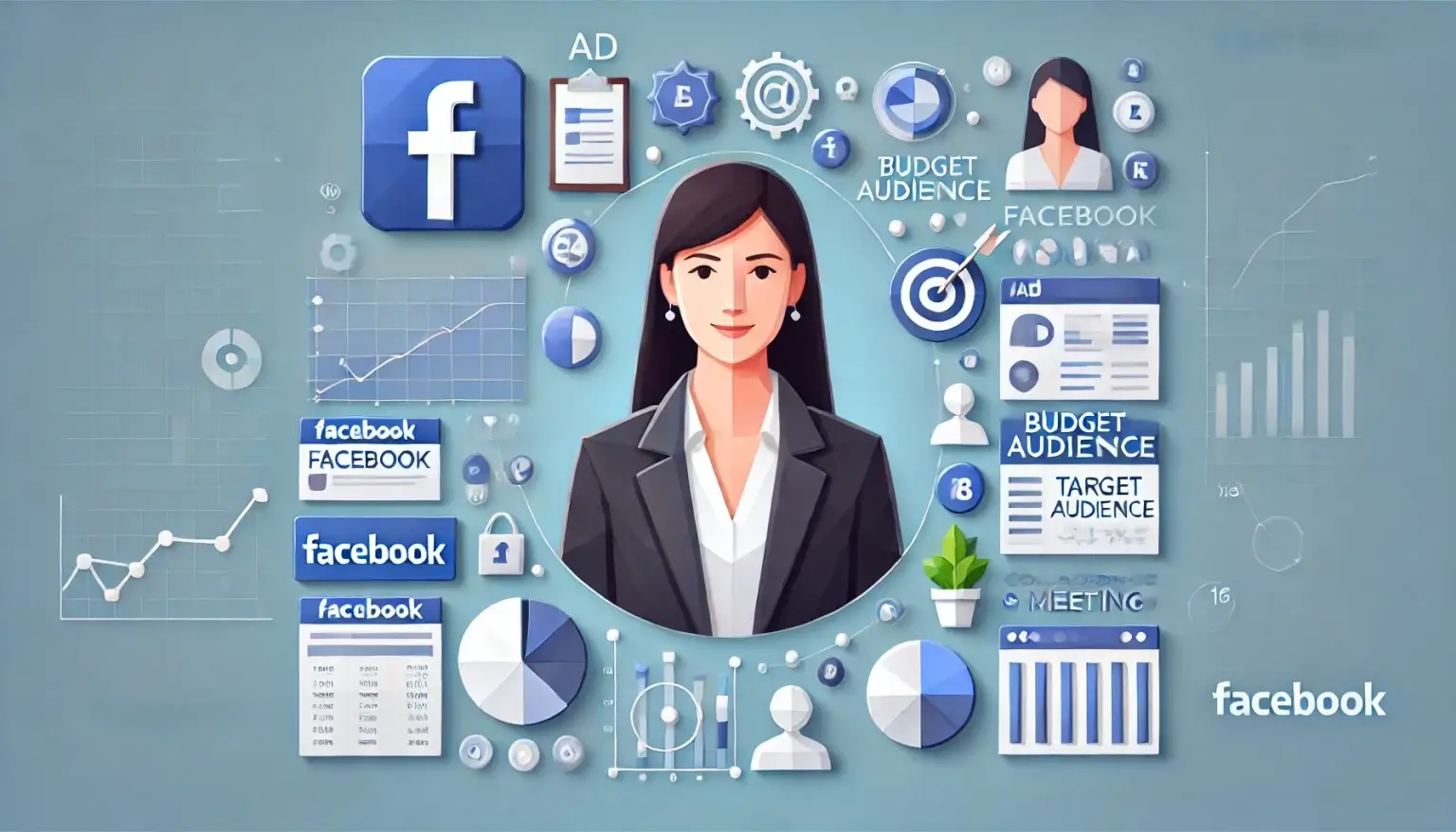 Facebook Advertising Manager Job Description: Responsibilities, Skills, and Career Path. Low poly art image depicting the role of a Facebook Advertising Manager, featuring a single female professional surrounded by elements like a Facebook logo, ad creatives, analytics charts, a budget planner, a target audience icon, and collaboration symbols, set against a light blue background.