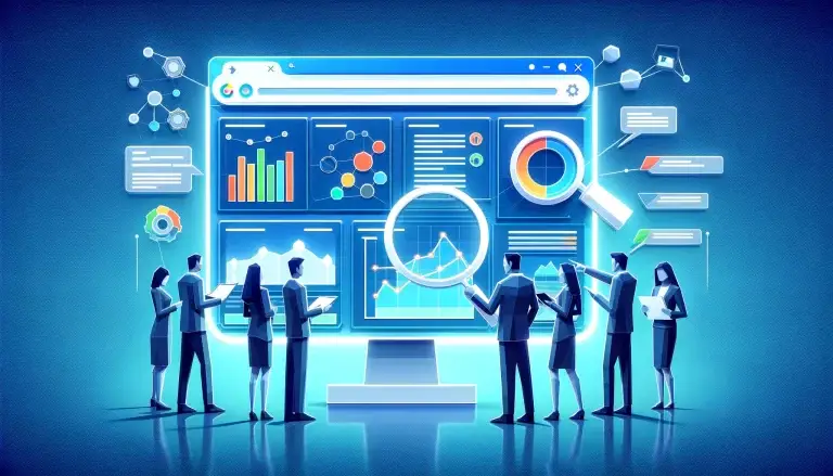 Low poly art of a futuristic search engine interface with digital marketers analyzing data on a light blue background.