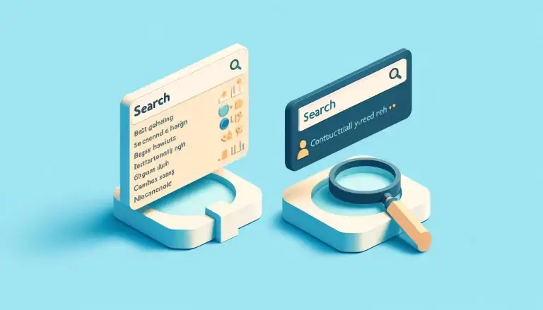 Low poly art of a traditional search engine interface alongside a modern LLM-powered search interface on a light blue background, highlighting their differences.