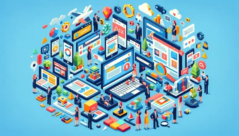 Low poly art of various businesses successfully adapting to LLM-powered search, including e-commerce, content publishers, and service providers, on a light blue background.