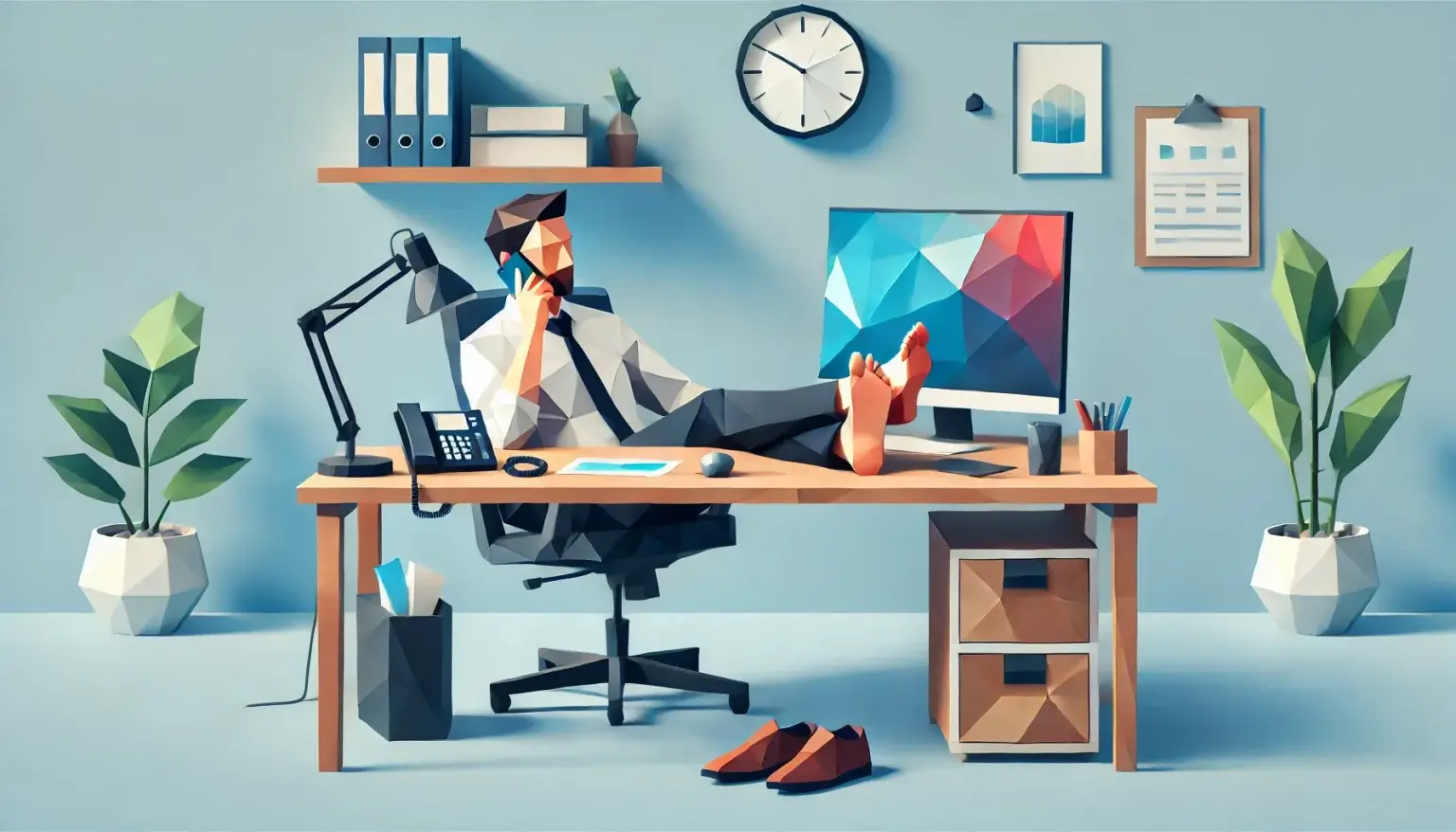 How to Sell Like Phil Knight, the Founder of NIKE. Low poly art of a man in business attire, sitting with bare feet on a desk, talking on a phone in a modern office setup with a computer and sleek accessories, all set against a light blue background that symbolizes a relaxed yet productive work environment.