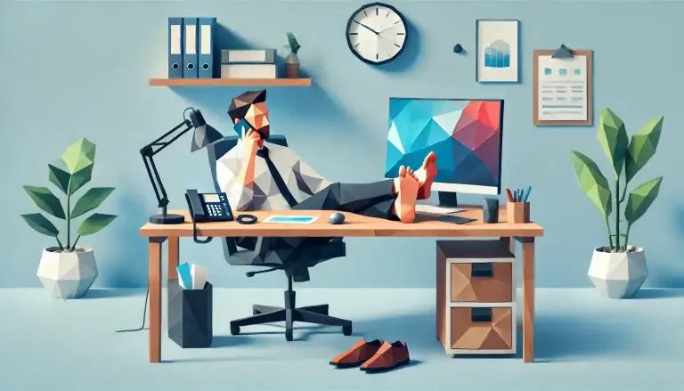 Low poly art of a man in business attire, sitting with bare feet on a desk, talking on a phone in a modern office setup with a computer and sleek accessories, all set against a light blue background that symbolizes a relaxed yet productive work environment.