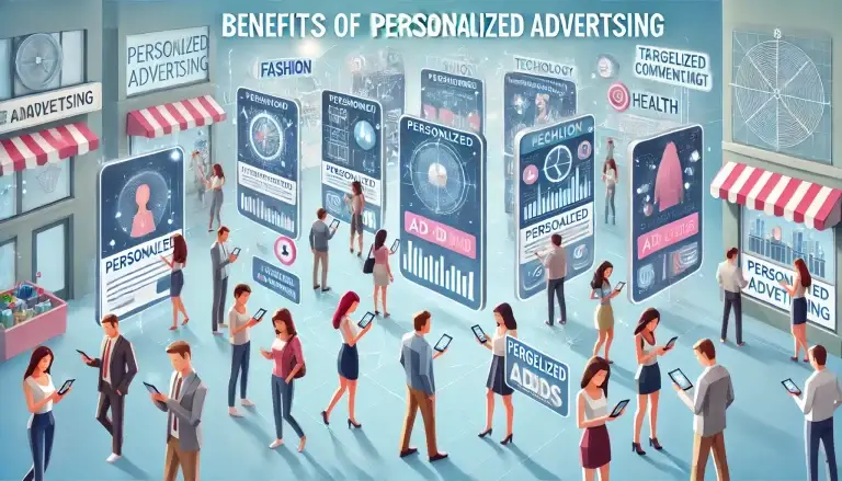 Low poly art of a futuristic marketplace scene, where individuals interact with personalized digital ads on their devices, highlighting the benefits of targeted advertising in sectors like fashion, technology, and health.