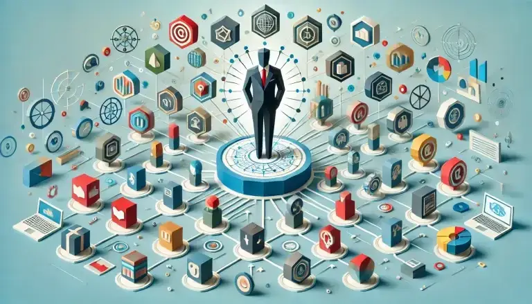 Detailed illustration of a digital marketing ecosystem with a central figure standing on a platform, surrounded by various marketing elements like social media icons, analytics tools, and communication devices, all interconnected, set against a light blue background symbolizing connectivity and digital integration.