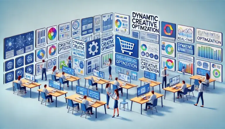 Low poly art of a digital advertising workshop with professionals adjusting various ad components on digital displays, demonstrating the real-time optimization process in a light blue, innovative setting.