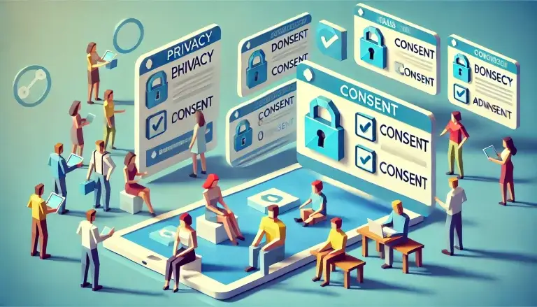 Low poly art depicting a scene of consumers engaging with digital ads, each ad marked with privacy locks and consent checkboxes, illustrating the commitment to ethical standards in personalized advertising within a light blue, clarity-emphasizing background.