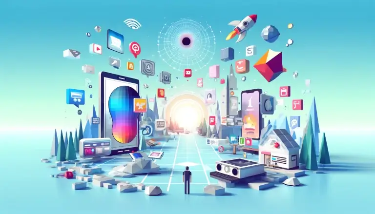 Low poly art showcasing a futuristic digital landscape with consumers interacting with advanced advertising technologies, highlighting the evolution and future trends in personalized advertising against a light blue background.