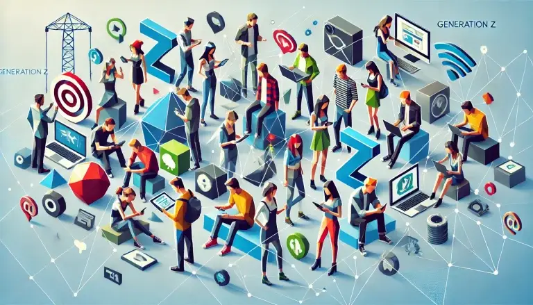 Low poly art of a diverse group of Generation Z individuals, each interacting with digital gadgets and social media, interconnected through digital lines, set against a light blue background symbolizing their open-mindedness and innovative spirit.