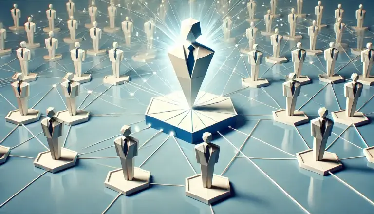 Low poly art of a dominant central geometric figure representing a strong corporate brand, brightly illuminated and linked to surrounding smaller figures, set against a light blue background that enhances the theme of clarity and leadership in branding.
