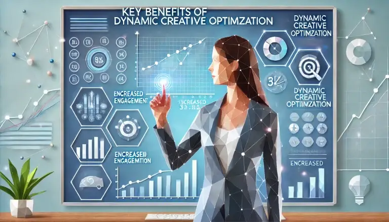 Low poly art of a female professional interacting with a dynamic digital dashboard, illustrating the effectiveness of Dynamic Creative Optimization in enhancing ad performance, set against a light blue background symbolizing innovation in digital marketing.