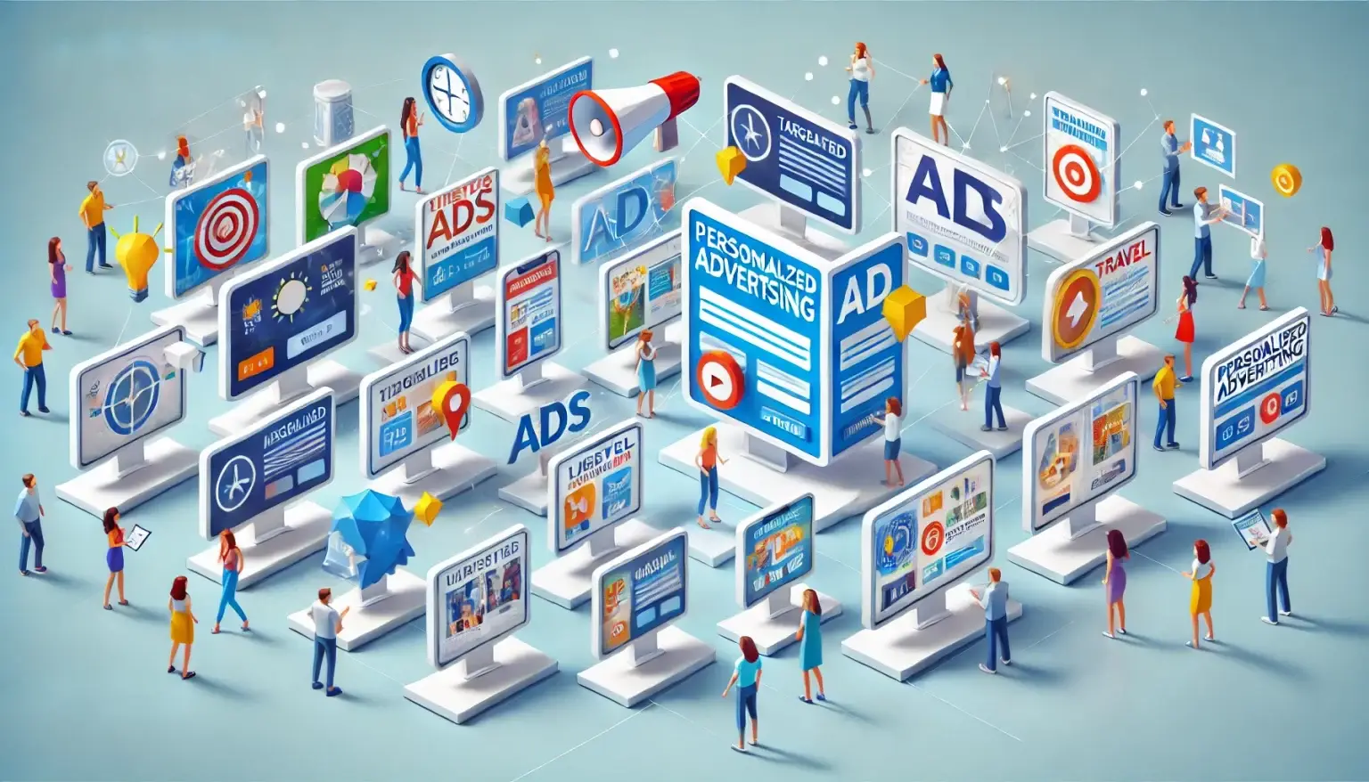 What Is Personalized Advertising and How to Use It Effectively and Ethically. Low poly art of a scene with various digital advertising screens, each tailored to individual consumer demographics and interests, illustrating the effectiveness and customization of personalized advertising strategies.