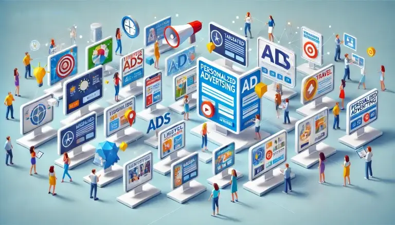Low poly art of a scene with various digital advertising screens, each tailored to individual consumer demographics and interests, illustrating the effectiveness and customization of personalized advertising strategies.