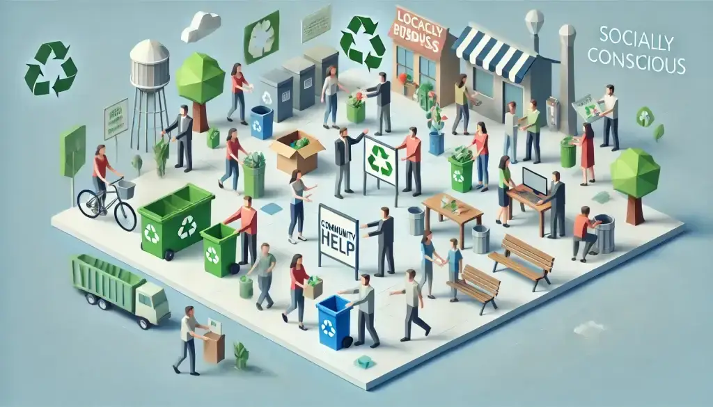 Low poly art of a group of geometric-shaped people engaged in socially responsible activities such as recycling, buying local goods, and community volunteering, highlighting their contribution to social and environmental causes.