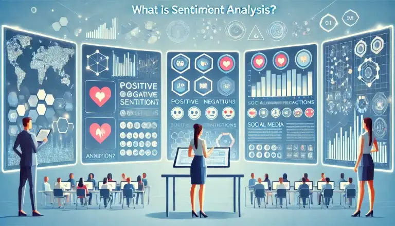 Low poly art of a female professional engaged with large digital screens displaying various sentiment indicators, social media reactions, and text analytics, in a light blue background that enhances clarity and precision in data interpretation.