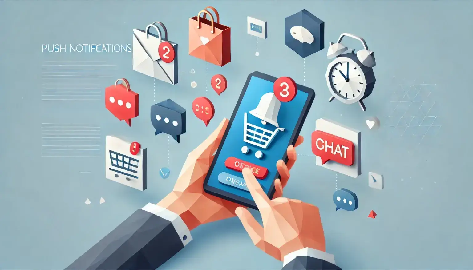 What is a Push Notification Low poly art style image depicting push notifications with a person holding a smartphone, multiple notification icons, and marketing elements on a light blue background.