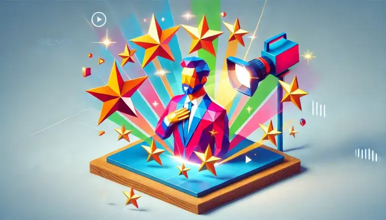 Low poly art of an abstract celebrity figure engaging with a stylized product, surrounded by stars and light rays that highlight the glamour and influence of celebrity endorsements in marketing.