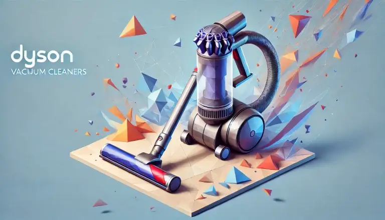 Low poly art of a Dyson vacuum cleaner, depicted in vibrant colors and geometric shapes, actively suctioning abstract particles and debris, illustrating its effectiveness and sleek design in a clean, innovative setting.