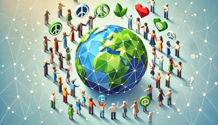 Low poly art showing diverse geometric figures around a globe, each holding symbols like peace signs and green leaves, interconnected by lines that form a network, emphasizing their collective effort in social advocacy against a hopeful light blue background.