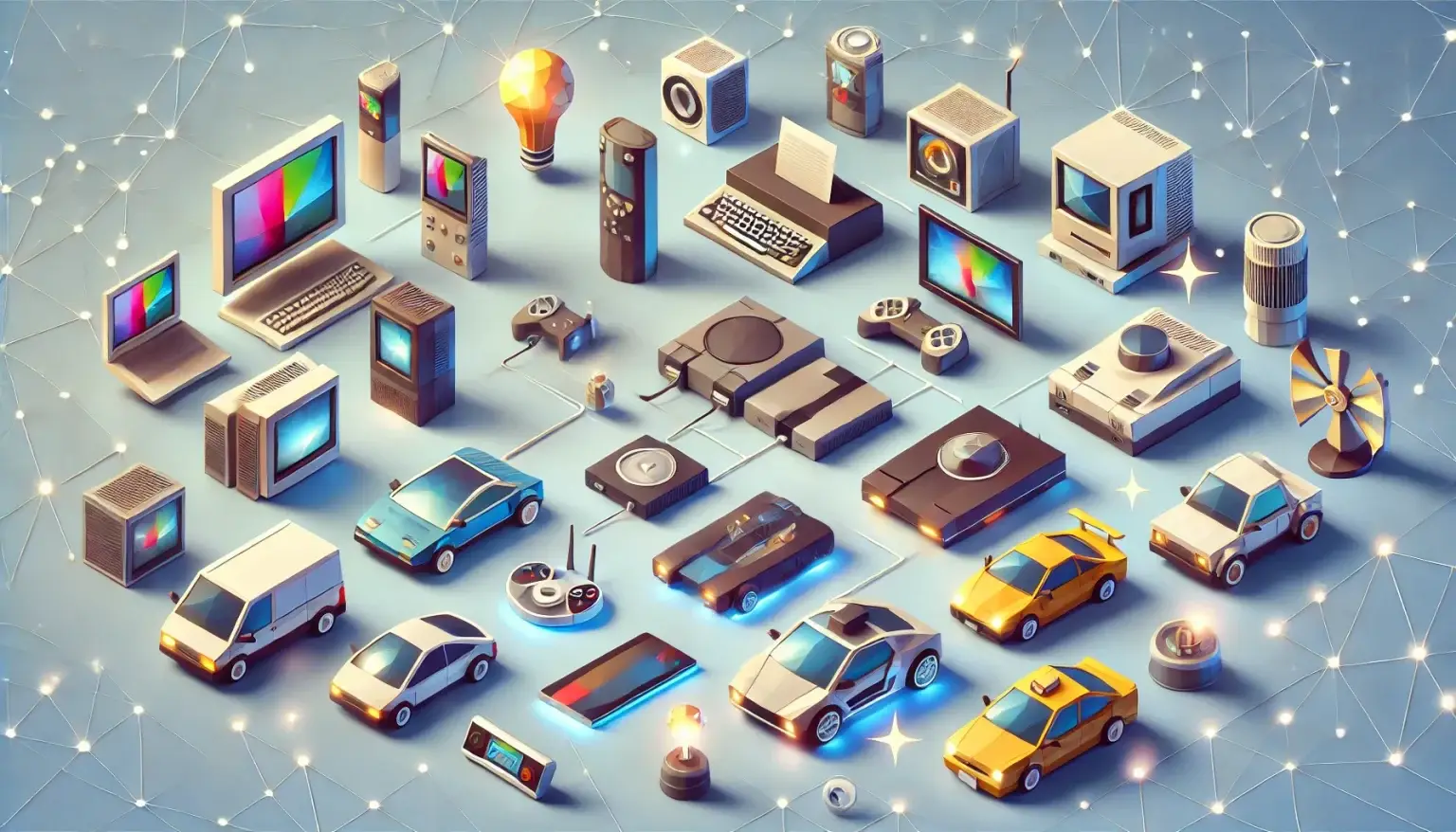 Low poly art of key products that changed their industries, including a smartphone, personal computer, gaming console, and electric car, all depicted in a light blue background, symbolizing innovation and market transformation.