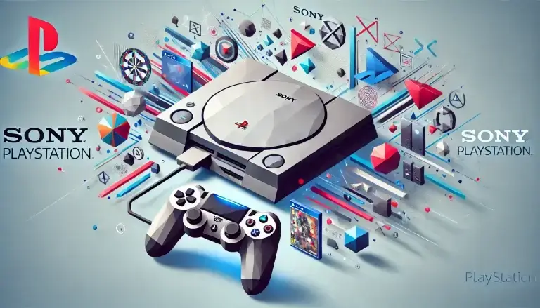 Low poly art of a Sony PlayStation console, centered among dynamic lines and geometric shapes that represent digital gaming interactions and popular game titles, set against a light blue background symbolizing innovation and gaming culture.
