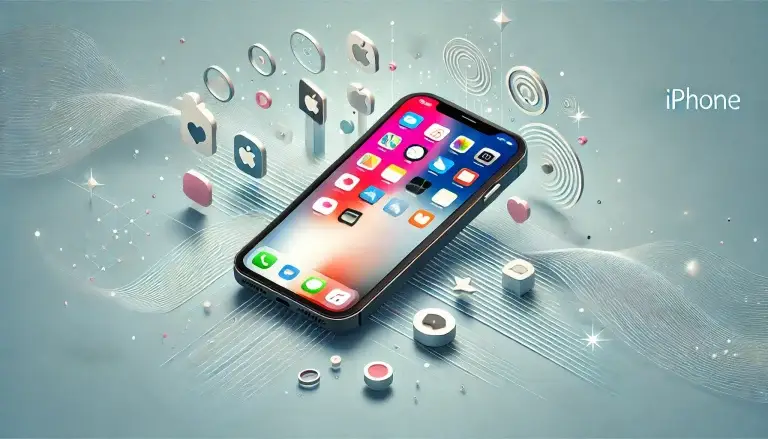 Low poly art of a modern smartphone stylized to represent an iPhone, surrounded by abstract elements symbolizing app icons and technology waves, all set against a light blue background celebrating technological innovation.