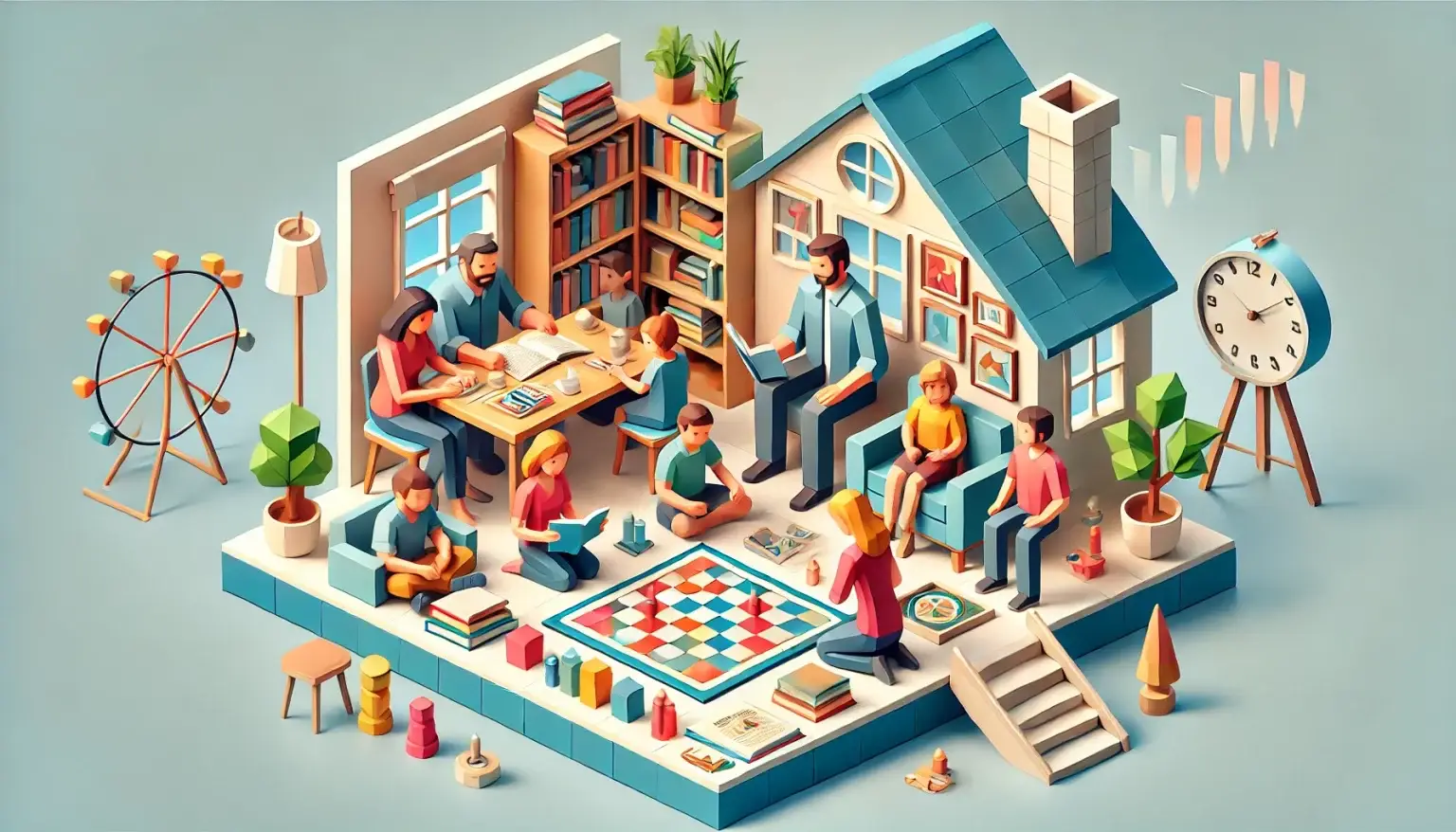 Low poly art of a family, depicted as colorful geometric figures, engaging in activities like reading and playing board games in a home setting, emphasizing the importance of nurturing and value-driven environments in family life.