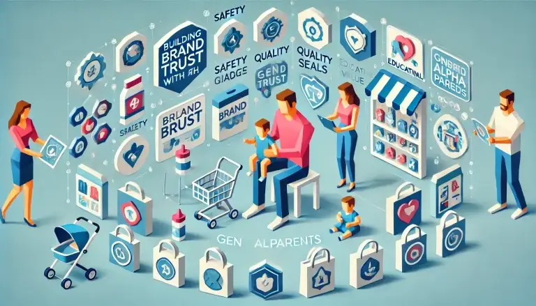 Low poly art of Generation Alpha parents, depicted as geometric figures, engaging with child-friendly products marked with safety badges and educational icons, illustrating the key factors in building brand trust among parents.