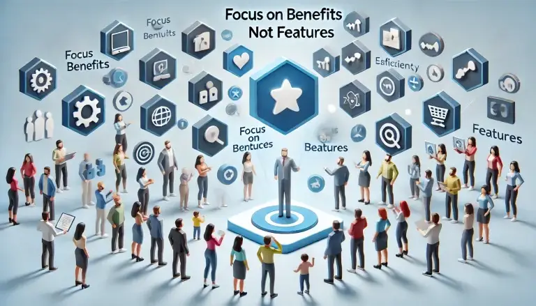 Low poly art of diverse figures engaging with large icons representing benefits such as comfort, efficiency, and satisfaction, set against a light blue background that underscores the importance of focusing on what matters most to consumers.