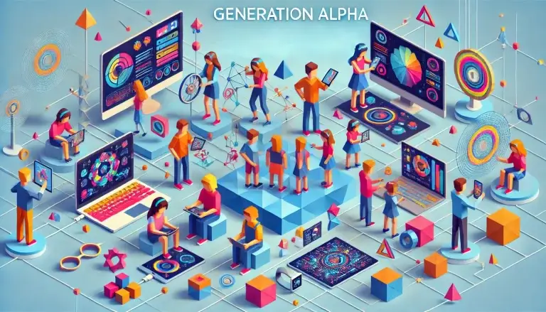 Low poly art of Generation Alpha children, portrayed as colorful geometric figures, utilizing wearable technology and engaging with virtual reality setups in a network-like setting that reflects their constant digital connection and personalized tech interactions.
