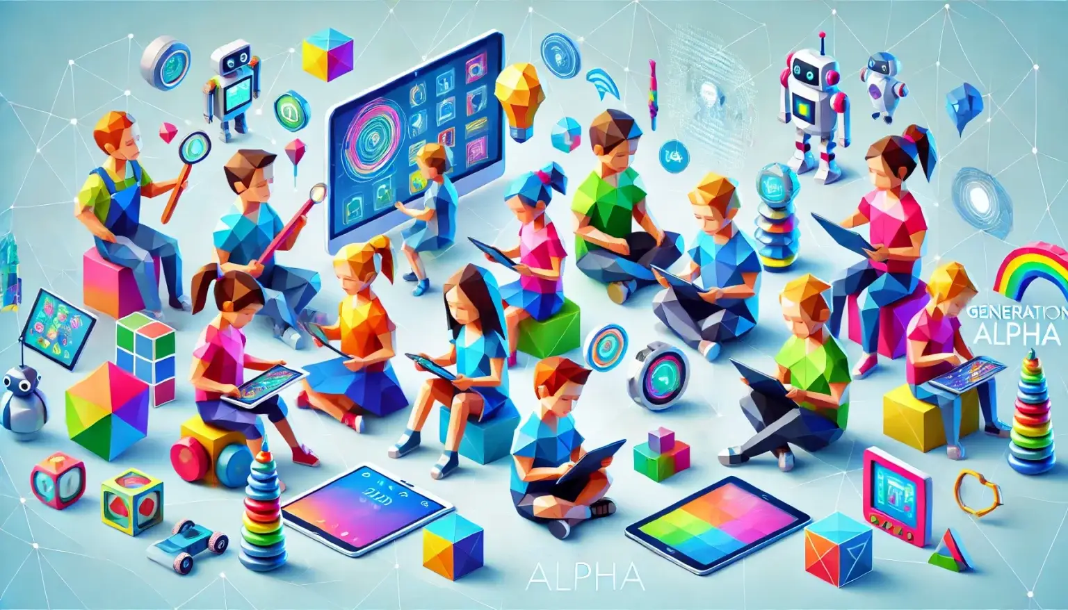 Low poly art of Generation Alpha children, represented as colorful geometric shapes, engaging with tablets, smart gadgets, and educational toys, integrated with futuristic elements like holograms and AI robots, symbolizing their early adaptation to a high-tech