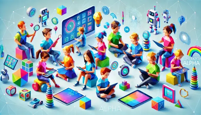 Low poly art of Generation Alpha children, represented as colorful geometric shapes, engaging with tablets, smart gadgets, and educational toys, integrated with futuristic elements like holograms and AI robots, symbolizing their early adaptation to a high-tech