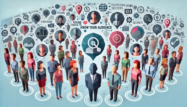 Low poly art of diverse demographic groups represented by geometric shapes, each surrounded by digital bubbles indicating their specific interests like technology and fashion, emphasizing the importance of knowing your audience in marketing.
