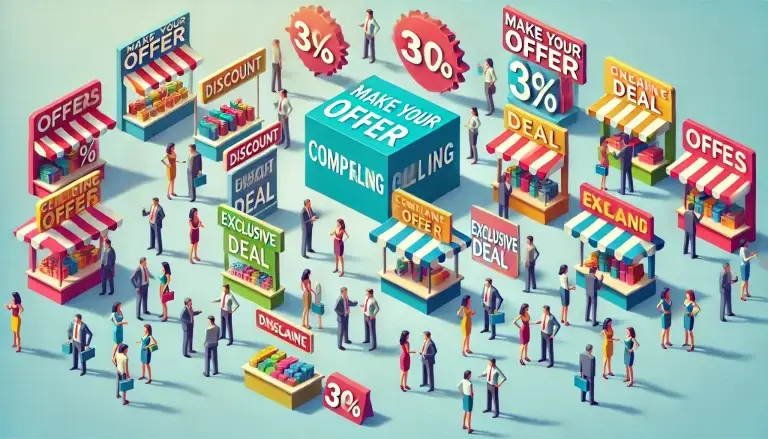 Low poly art of a marketplace with figures enthusiastically engaging with stalls that display bright and attractive offers, set against a light blue background that enhances the clarity and appeal of the marketing strategies depicted.