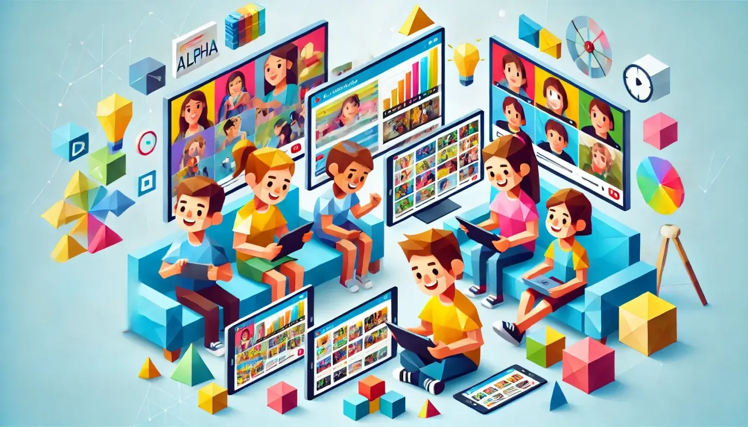 The Power of YouTube & TikTok: How Video Content Shapes Gen Alpha’s Preferences. Low poly art of Generation Alpha children, depicted as colorful geometric shapes, focused and joyful as they interact with video content on tablets and screens, highlighting the effectiveness of video marketing tailored to their preferences.