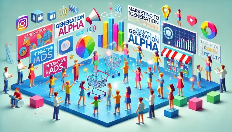 Low poly art of Generation Alpha children, depicted as colorful geometric figures, actively engaging with digital marketing channels such as interactive ads and augmented reality games, demonstrating the impact of technology-driven marketing strategies.