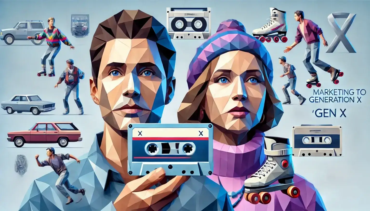 Low poly art of two Generation X individuals, a male and a female, depicted with geometric facial features, nostalgically interacting with cultural icons like a cassette player and roller skates, against a light blue background.