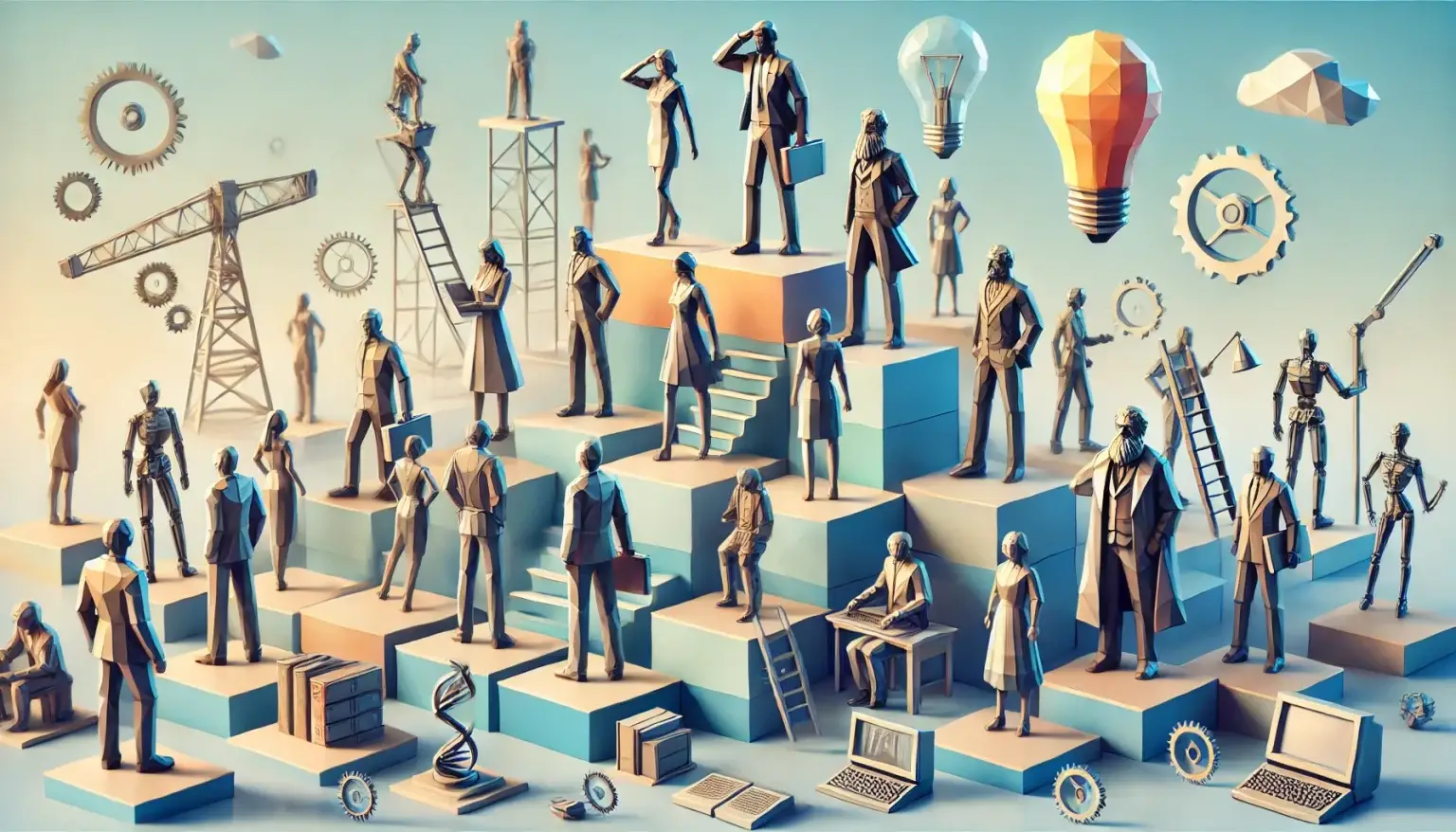 Low poly art of modern figures standing on platforms supported by larger historical figures, representing the idea of progress and innovation, set against a light blue background symbolizing clarity and knowledge expansion.