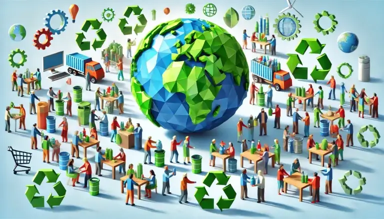 Low poly art of diverse people, depicted as colorful geometric figures, gathered around a globe made of green and blue polygons, demonstrating their commitment to recycling and using reusable products, symbolizing unity and purpose in sustainability.