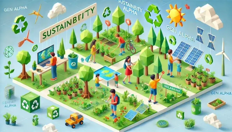Low poly art of Generation Alpha children, depicted as vibrant geometric figures, involved in eco-friendly activities like recycling and learning about wildlife conservation, within a green space that emphasizes their commitment to environmental stewardship.
