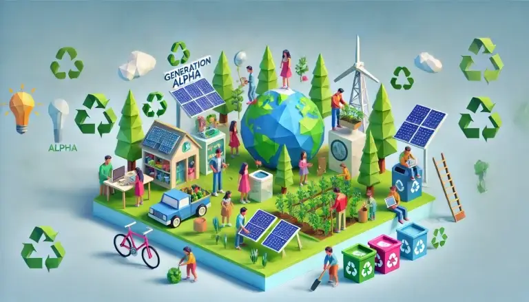 Low poly art of Generation Alpha children, portrayed as colorful geometric figures, planting trees, using solar-powered gadgets, and learning about recycling, highlighting their crucial role in driving sustainability and eco-consciousness in future consumer behaviors.