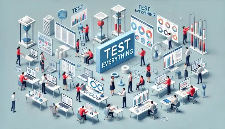 Low poly art of people interacting with testing equipment, UX mockups, and data analytics screens, representing a proactive and comprehensive approach to testing in various domains like product development and software interfaces.