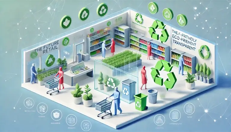 Low poly art of a futuristic retail setting with shoppers, depicted as colorful geometric figures, engaging with products labeled with environmental certifications and viewing transparent displays that detail manufacturing processes, emphasizing a clean and ethical shopping experience.