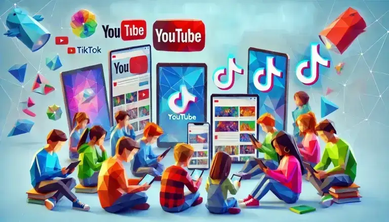 Low poly art of Generation Alpha children, depicted as vibrant geometric figures, fascinated by YouTube and TikTok videos on tablets and smartphones, emphasizing the impact of video content on their preferences and behaviors.
