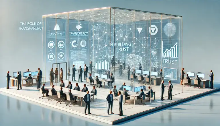 Low poly art of a transparent office setting with large glass walls, where geometric figures symbolizing business leaders and consumers interact openly, highlighting the role of transparency in fostering trust and clear communication.