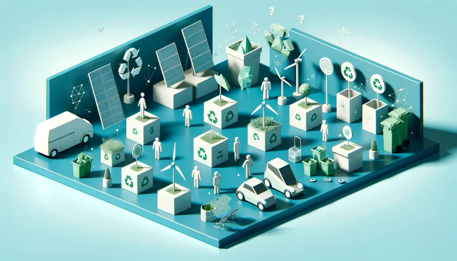 Low poly art style representation of sustainable marketing practices, featuring geometric figures interacting with icons like solar panels and wind turbines, emphasizing simplicity and clarity in conveying the importance of sustainability in marketing.